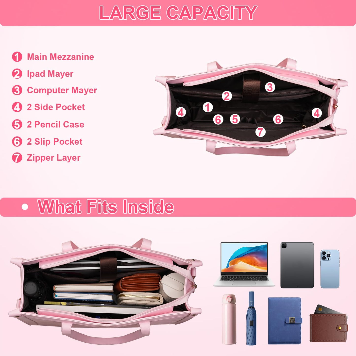 MOSISO Laptop Tote Bag for Women, 15.6 inch PU Leather Rhombus Quilted Work Bag with Cup Holder & Clutch Purse, Large Capacity Teacher Computer Briefcase for Business Office, Pink