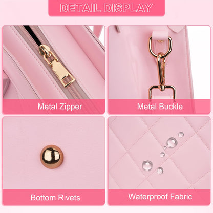 MOSISO Laptop Tote Bag for Women, 15.6 inch PU Leather Rhombus Quilted Work Bag with Cup Holder & Clutch Purse, Large Capacity Teacher Computer Briefcase for Business Office, Pink