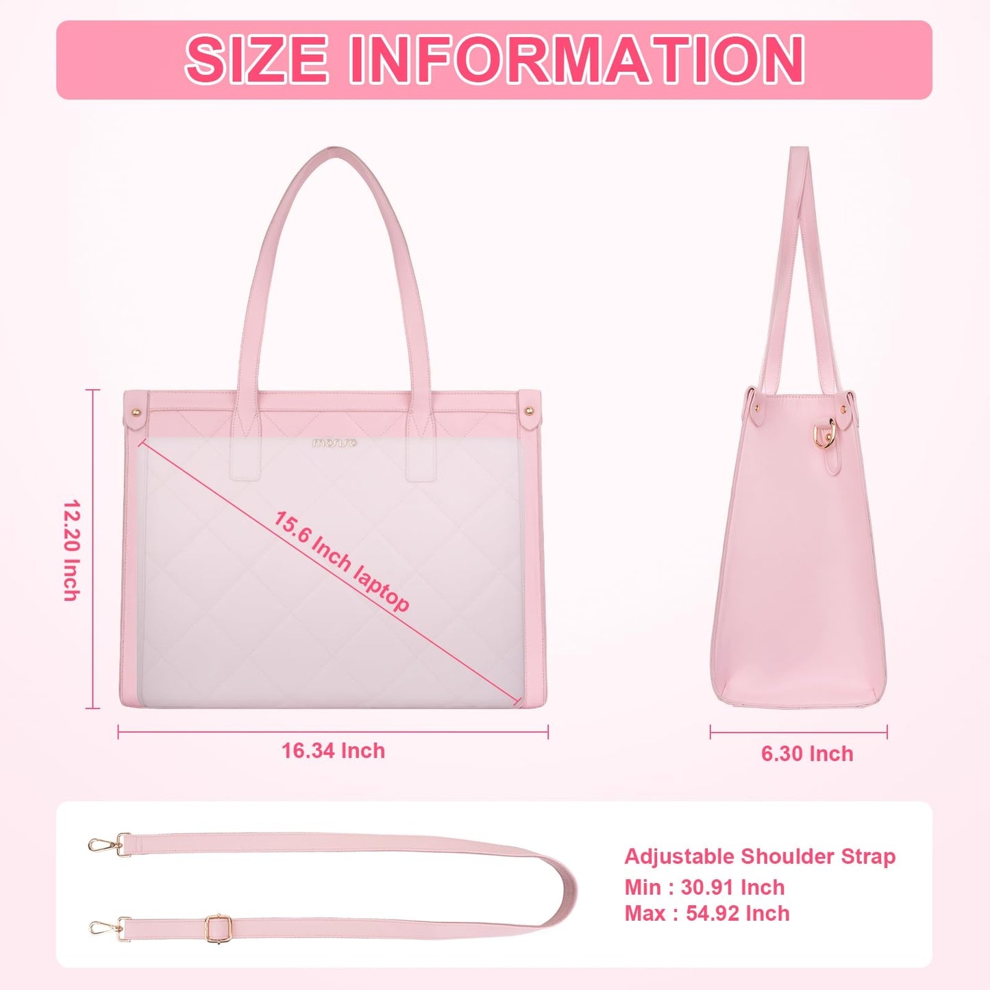MOSISO Laptop Tote Bag for Women, 15.6 inch PU Leather Rhombus Quilted Work Bag with Cup Holder & Clutch Purse, Large Capacity Teacher Computer Briefcase for Business Office, Pink