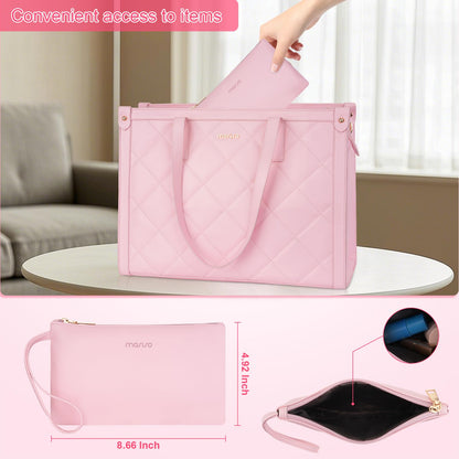 MOSISO Laptop Tote Bag for Women, 15.6 inch PU Leather Rhombus Quilted Work Bag with Cup Holder & Clutch Purse, Large Capacity Teacher Computer Briefcase for Business Office, Pink