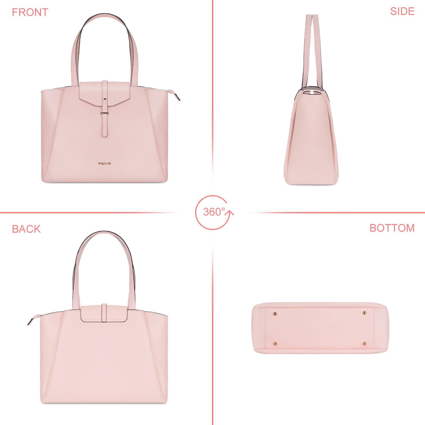 MOSISO Laptop Tote Bag for Women, 15.6 inch PU Leather Work Laptop Bag with Flap Buckle & Clutch Purse, Large Capacity Computer Shoulder Handbag for Casual Business Travel, Pink