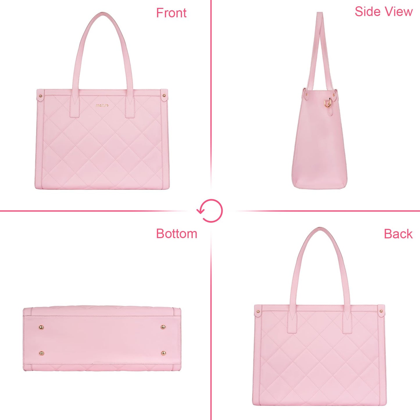 MOSISO Laptop Tote Bag for Women, 15.6 inch PU Leather Rhombus Quilted Work Bag with Cup Holder & Clutch Purse, Large Capacity Teacher Computer Briefcase for Business Office, Pink