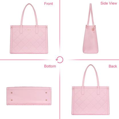 MOSISO Laptop Tote Bag for Women, 15.6 inch PU Leather Rhombus Quilted Work Bag with Cup Holder & Clutch Purse, Large Capacity Teacher Computer Briefcase for Business Office, Pink