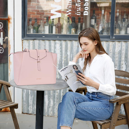 MOSISO Laptop Tote Bag for Women, 15.6 inch PU Leather Work Laptop Bag with Flap Buckle & Clutch Purse, Large Capacity Computer Shoulder Handbag for Casual Business Travel, Pink