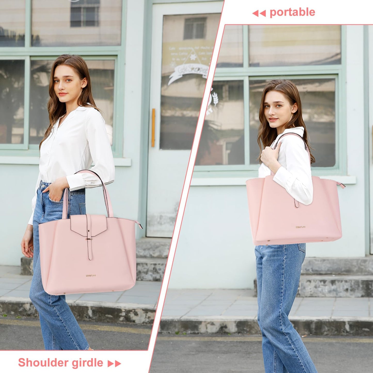 MOSISO Laptop Tote Bag for Women, 15.6 inch PU Leather Work Laptop Bag with Flap Buckle & Clutch Purse, Large Capacity Computer Shoulder Handbag for Casual Business Travel, Pink