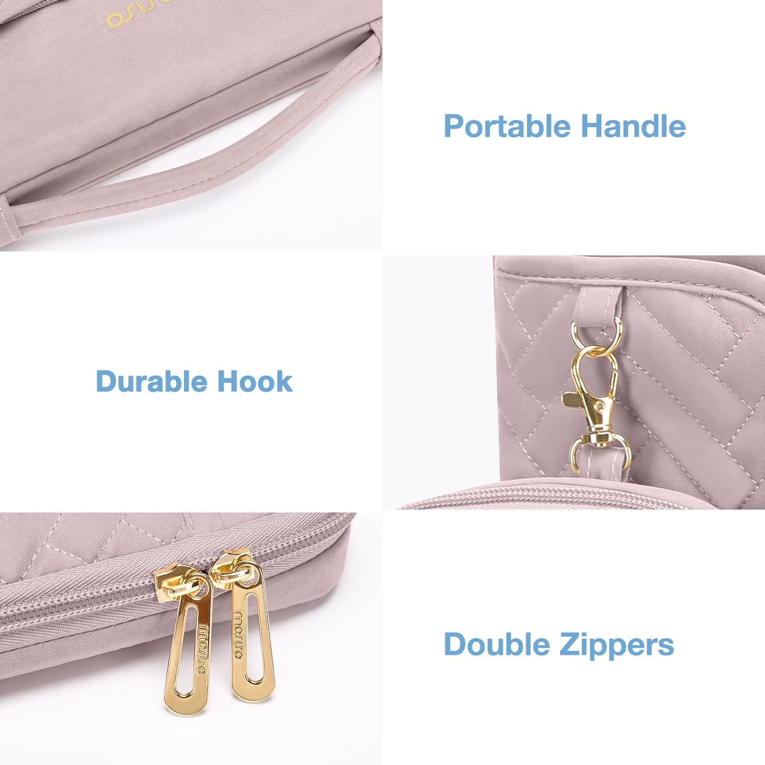 MOSISO 13-14 inch 360 Protective Laptop Sleeve Compatible with MacBook Air/Pro, 13-13.3 inch Notebook, Compatible with MacBook Pro 14, Rectangle Quilted Bag with Handle&Pocket&Small Case&Belt, Pink iMosiso