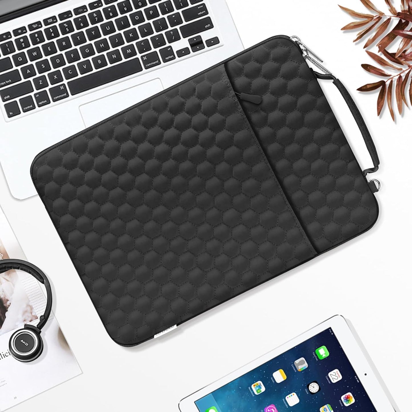 MOSISO Laptop Sleeve Compatible with MacBook Air 15 inch M2 A2941/Pro 16 M3 A2991 M2 A2780 M1 A2485 A2141 2013-2019, 15-15.6 inch Notebook, Hexagon Vertical Bag with Small Case&Side Handle&Belt, Black iMosiso