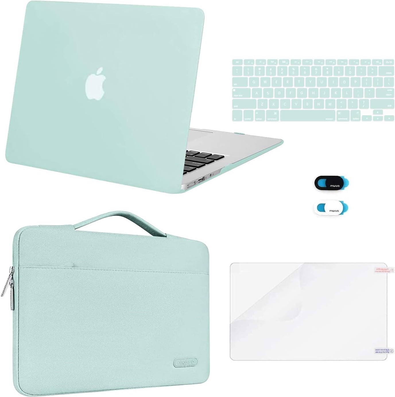 MOSISO Compatible with MacBook Air 13 inch Case (A1369 A1466, Older Version 2010-2017 Release), Plastic Hard Shell Case & Sleeve Bag & Keyboard Cover & Webcam Cover & Screen Protector, Mint Green iMosiso