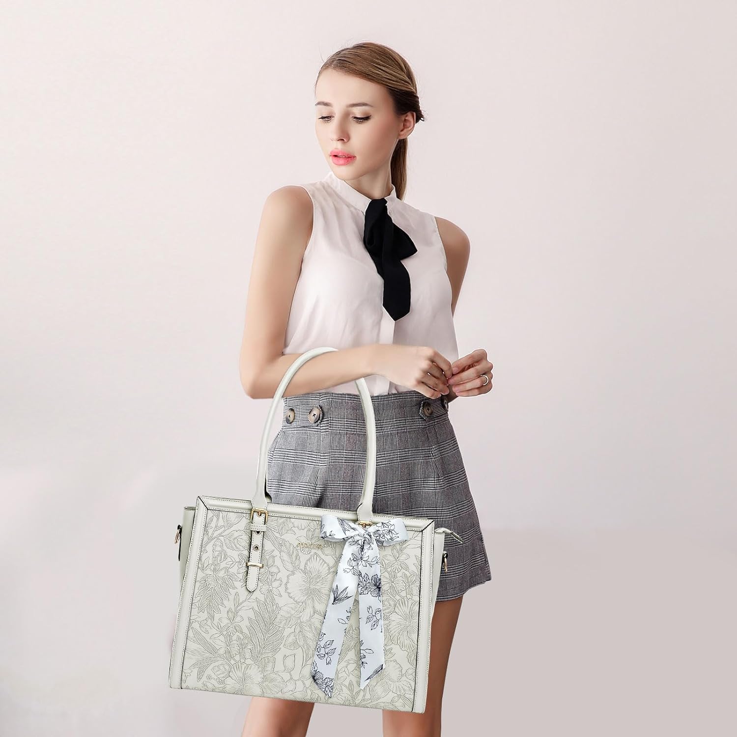 MOSISO Laptop Bag for Women, 15.6-16 inch PU Leathe Tote Bag Compatible with MacBook, HP, Dell, Asus Notebook, Front Embossed Retro Hibiscus Computer Bag with Silk Scarf&Clutch Purse, Beige iMosiso