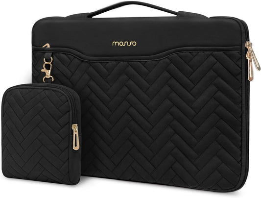 MOSISO 15-16 inch 360 Protective Laptop Sleeve Compatible with MacBook Air 15 inch 2023/Pro 16 M3 M2 M1 2023-2019, 15-15.6 inch Notebook, Rectangle Quilted Bag with Handle&Pocket&Small Case&Belt,Black iMosiso