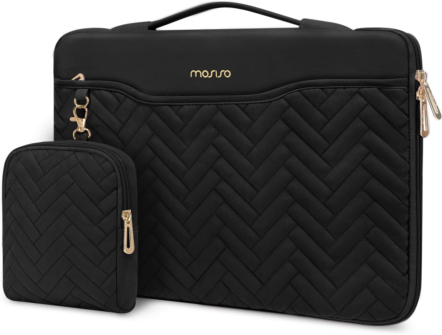 MOSISO 13-14 inch 360 Protective Laptop Sleeve Compatible with MacBook Air/Pro, 13-13.3 inch Notebook, Compatible with MacBook Pro 14, Rectangle Quilted Bag with Handle&Pocket&Small Case&Belt, Black iMosiso