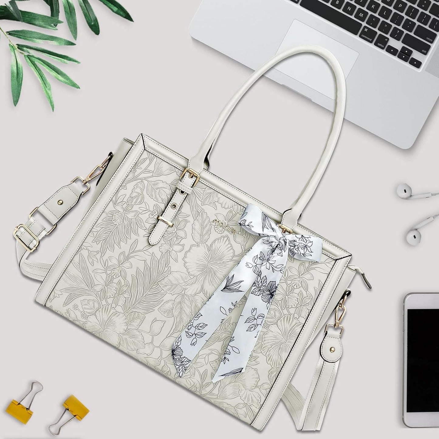 MOSISO Laptop Bag for Women, 15.6-16 inch PU Leathe Tote Bag Compatible with MacBook, HP, Dell, Asus Notebook, Front Embossed Retro Hibiscus Computer Bag with Silk Scarf&Clutch Purse, Beige iMosiso