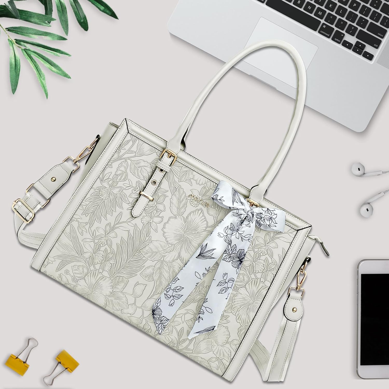 MOSISO Laptop Bag for Women, 15.6-16 inch PU Leathe Tote Bag Compatible with MacBook, HP, Dell, Asus Notebook, Front Embossed Retro Hibiscus Computer Bag with Silk Scarf&Clutch Purse, Beige iMosiso