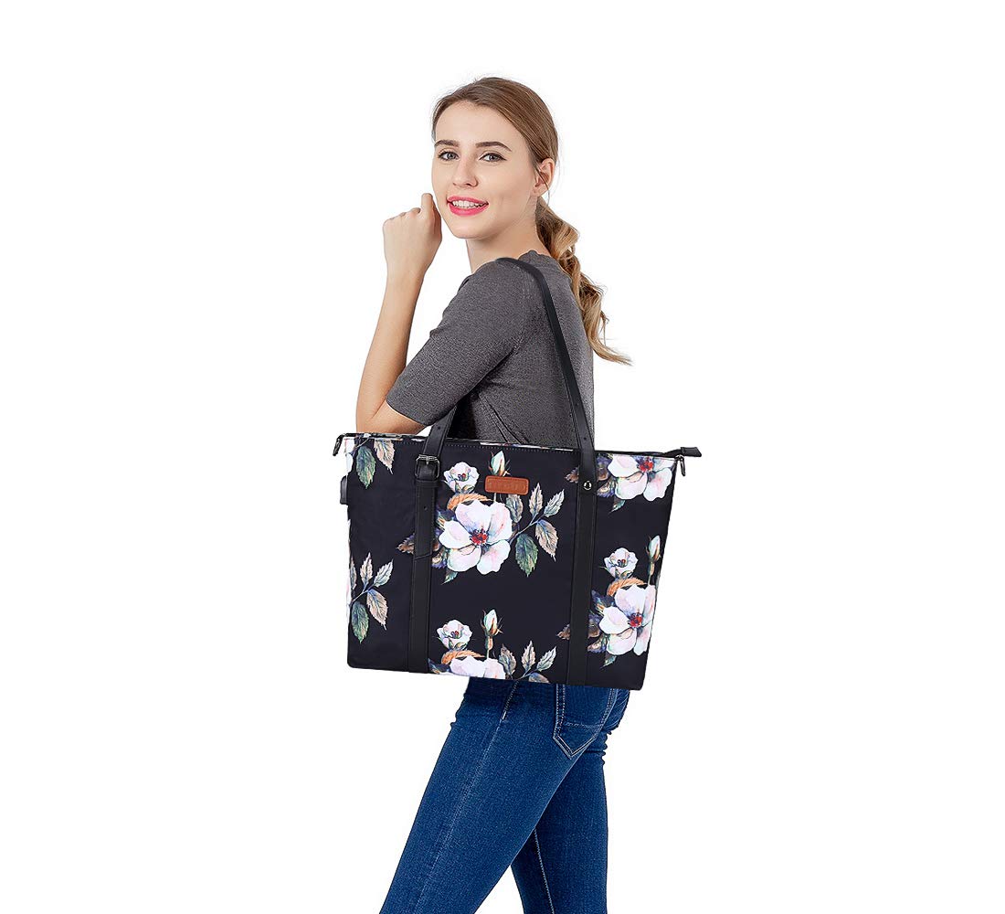 MOSISO USB Port Laptop Tote Bag (13-17.3 inch) with Adjustable Top Handle, Laptop Bag for Women, Hibiscus Polyester Work Travel iMosiso