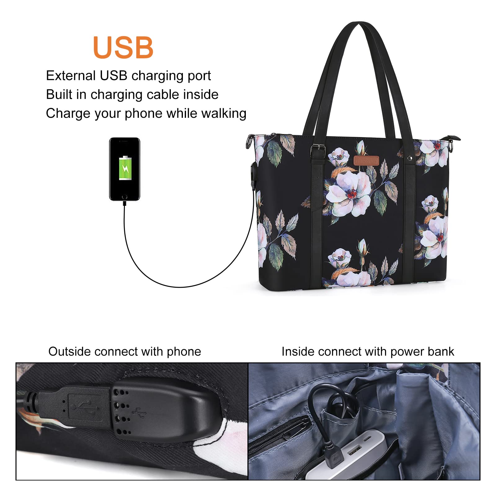MOSISO USB Port Laptop Tote Bag (13-17.3 inch) with Adjustable Top Handle, Laptop Bag for Women, Hibiscus Polyester Work Travel iMosiso