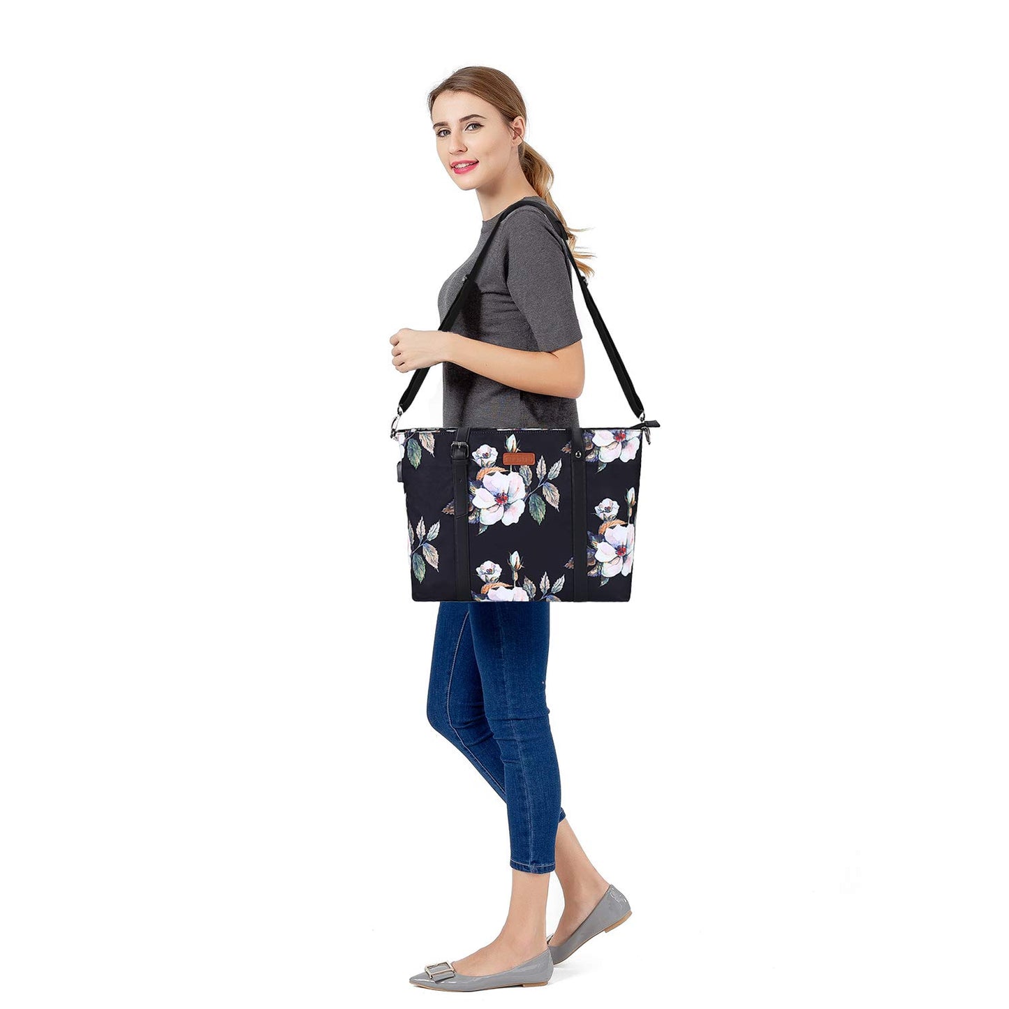 MOSISO USB Port Laptop Tote Bag (13-17.3 inch) with Adjustable Top Handle, Laptop Bag for Women, Hibiscus Polyester Work Travel iMosiso