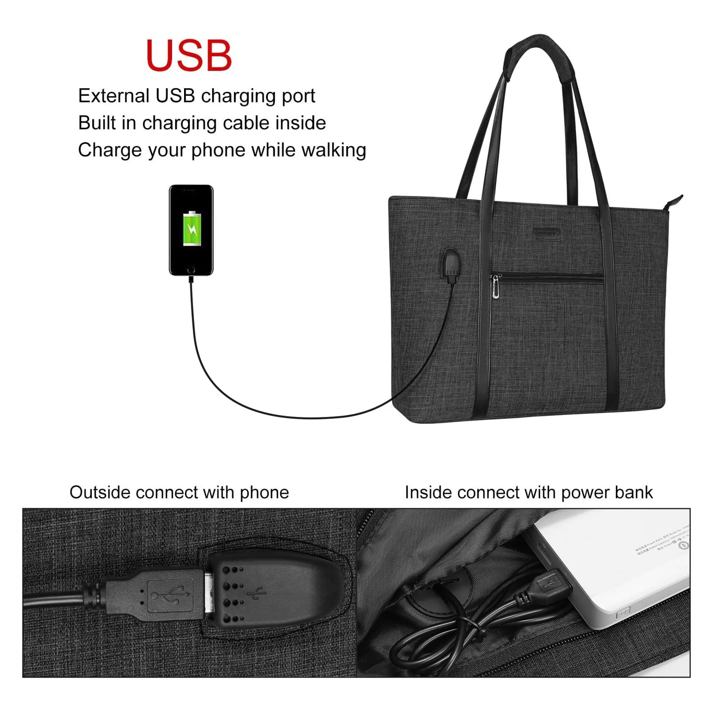 MOSISO USB Port Laptop Tote Bag for Women,Compatible with MacBook, 15-17.3 inch Notebook and Chromebook, Work Travel Business Computer Bag with Small Purse, Black iMosiso