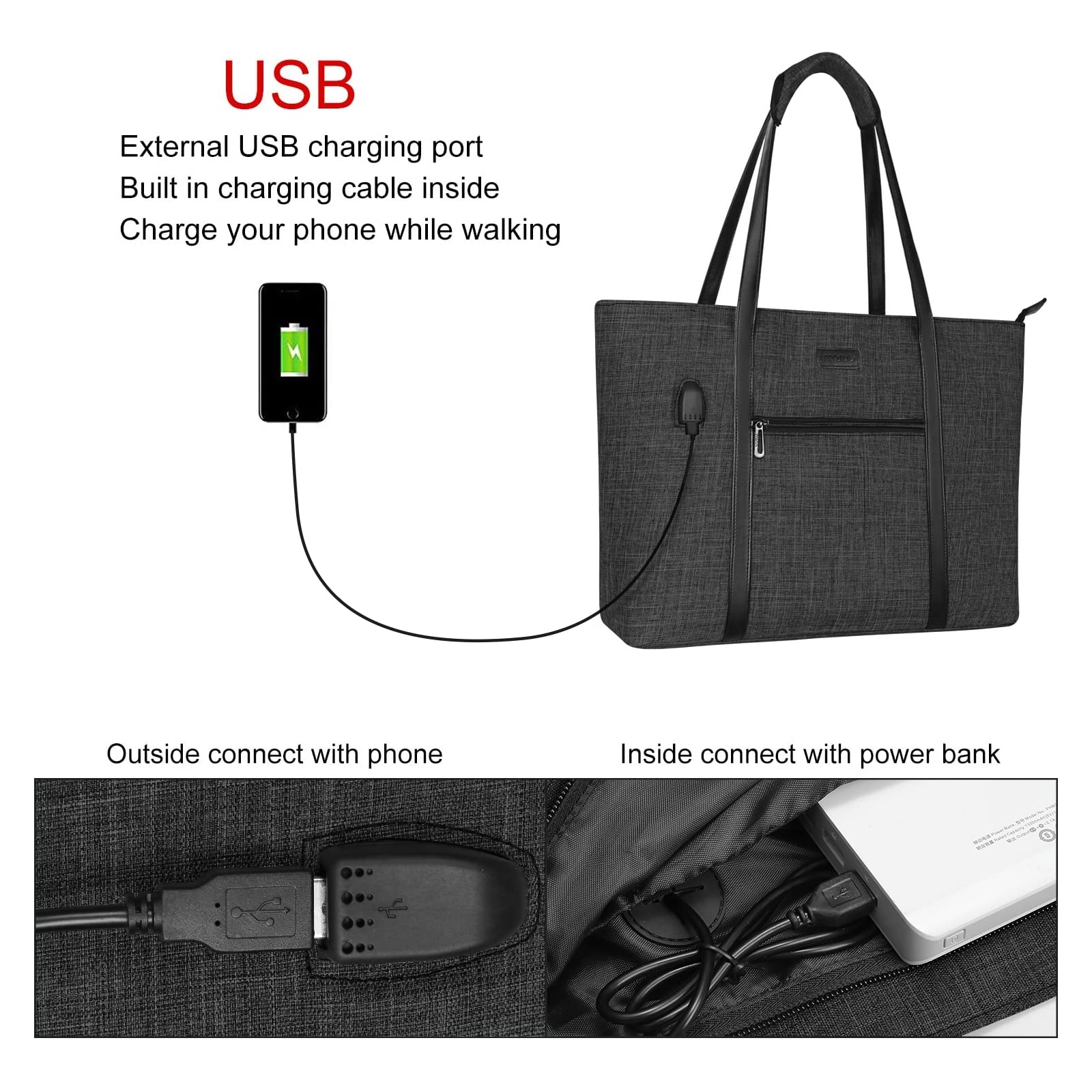 MOSISO USB Port Laptop Tote Bag for Women,Compatible with MacBook, 15-17.3 inch Notebook and Chromebook, Work Travel Business Computer Bag with Small Purse, Black iMosiso