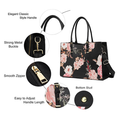 MOSISO Laptop Tote Bag Compatible with MacBook Air 15 inch M3 M2/Pro 16 M4 M3 M2 M1 & 15-15.6 inch Notebook, Peony Waterproof PU Leather Travel Work Briefcase with Adjustable PU Handle, Black