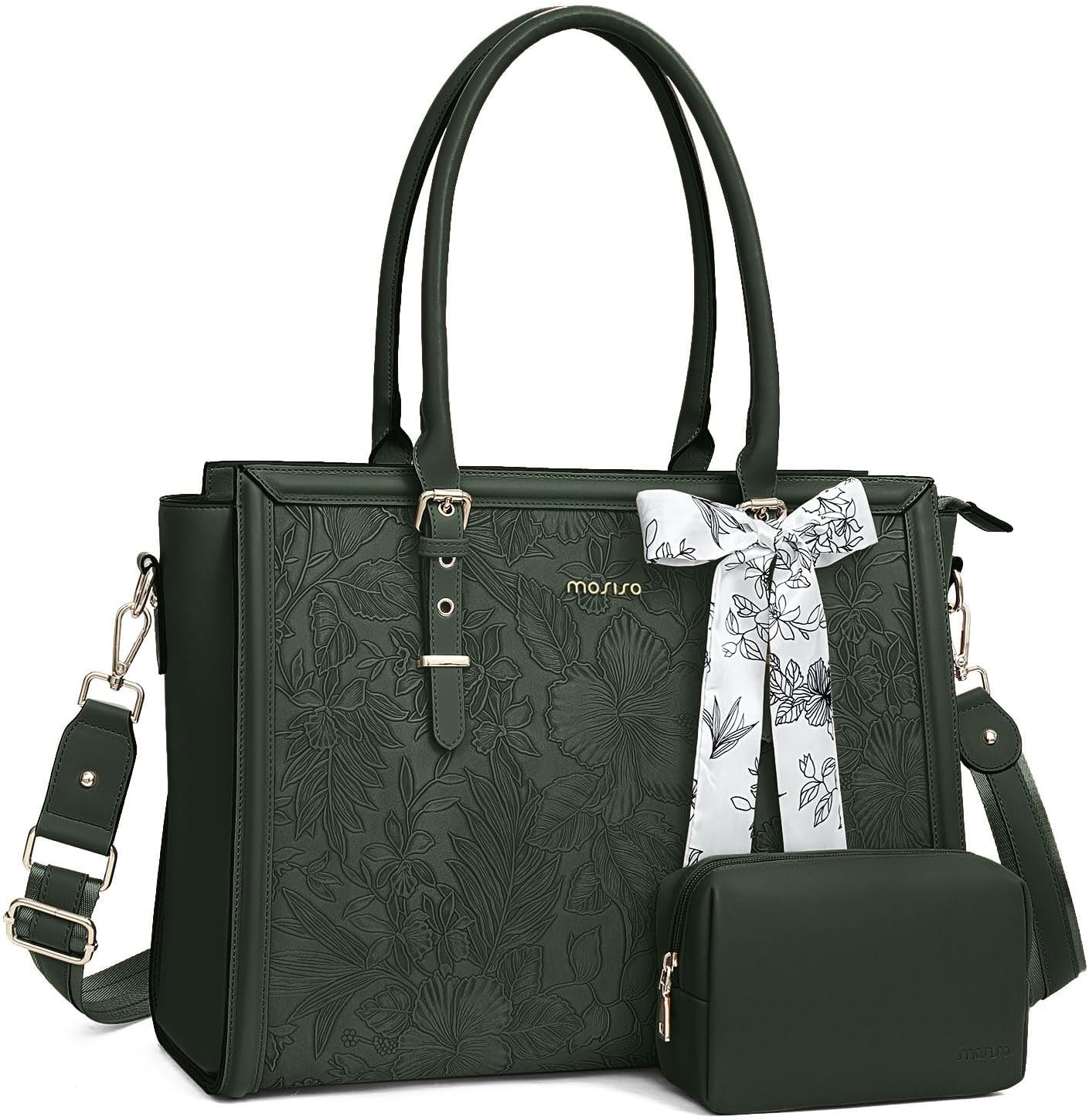 MOSISO Laptop Bag for Women, 15.6-16 inch PU Leathe Tote Bag Compatible with MacBook, HP, Dell, Asus Notebook, Front Embossed Retro Hibiscus Computer Bag with Silk Scarf&Clutch Purse, Emerald Green iMosiso