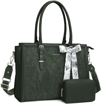 MOSISO Laptop Bag for Women, 15.6-16 inch PU Leathe Tote Bag Compatible with MacBook, HP, Dell, Asus Notebook, Front Embossed Retro Hibiscus Computer Bag with Silk Scarf&Clutch Purse, Emerald Green iMosiso