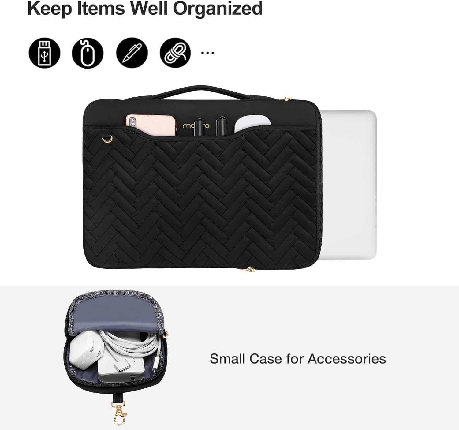 MOSISO 15-16 inch 360 Protective Laptop Sleeve Compatible with MacBook Air 15 inch 2023/Pro 16 M3 M2 M1 2023-2019, 15-15.6 inch Notebook, Rectangle Quilted Bag with Handle&Pocket&Small Case&Belt,Black iMosiso