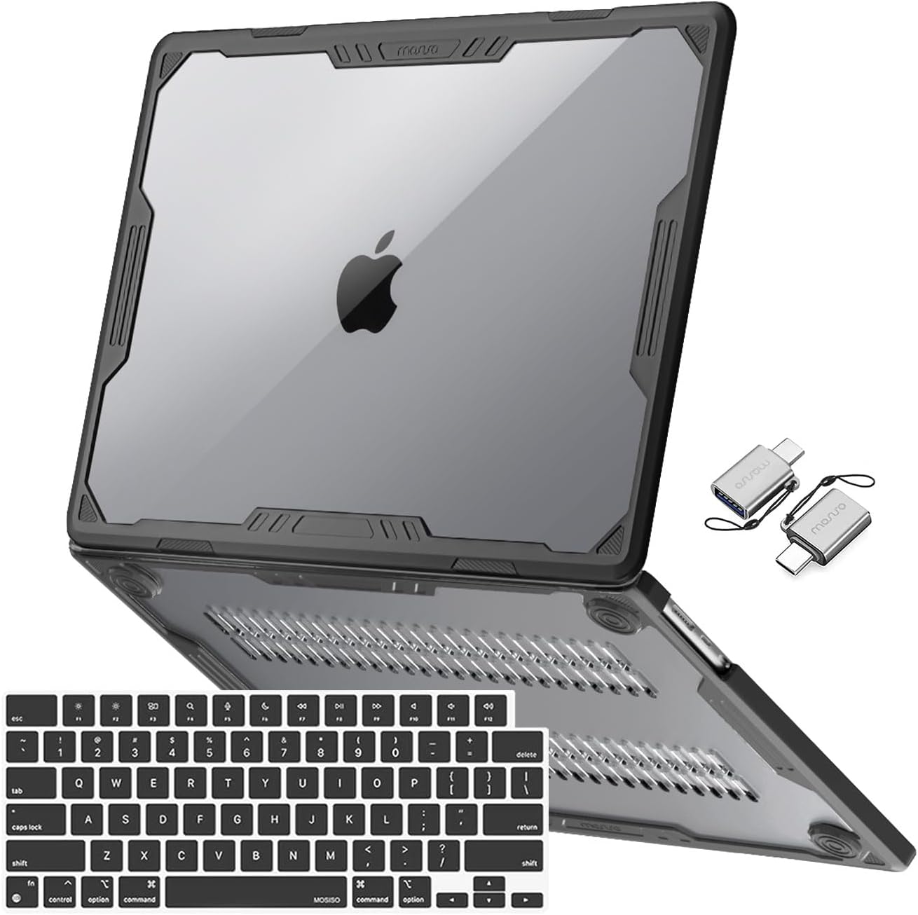 MOSISO Compatible with MacBook Air 15 inch Case 2023 2024 Release A2941 M2 Touch ID, Symmetric Geometric Heavy Duty Plastic Hard Shell with TPU Bumper&Keyboard Cover&Type C Adapter 2 Pack, Black iMosiso