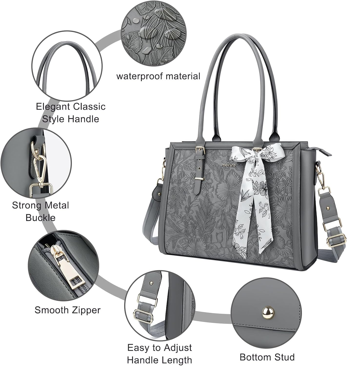 MOSISO Laptop Bag for Women, 15.6-16 inch PU Leathe Tote Bag Compatible with MacBook, HP, Dell, Asus Notebook, Front Embossed Retro Hibiscus Computer Bag with Silk Scarf&Clutch Purse, Gray iMosiso