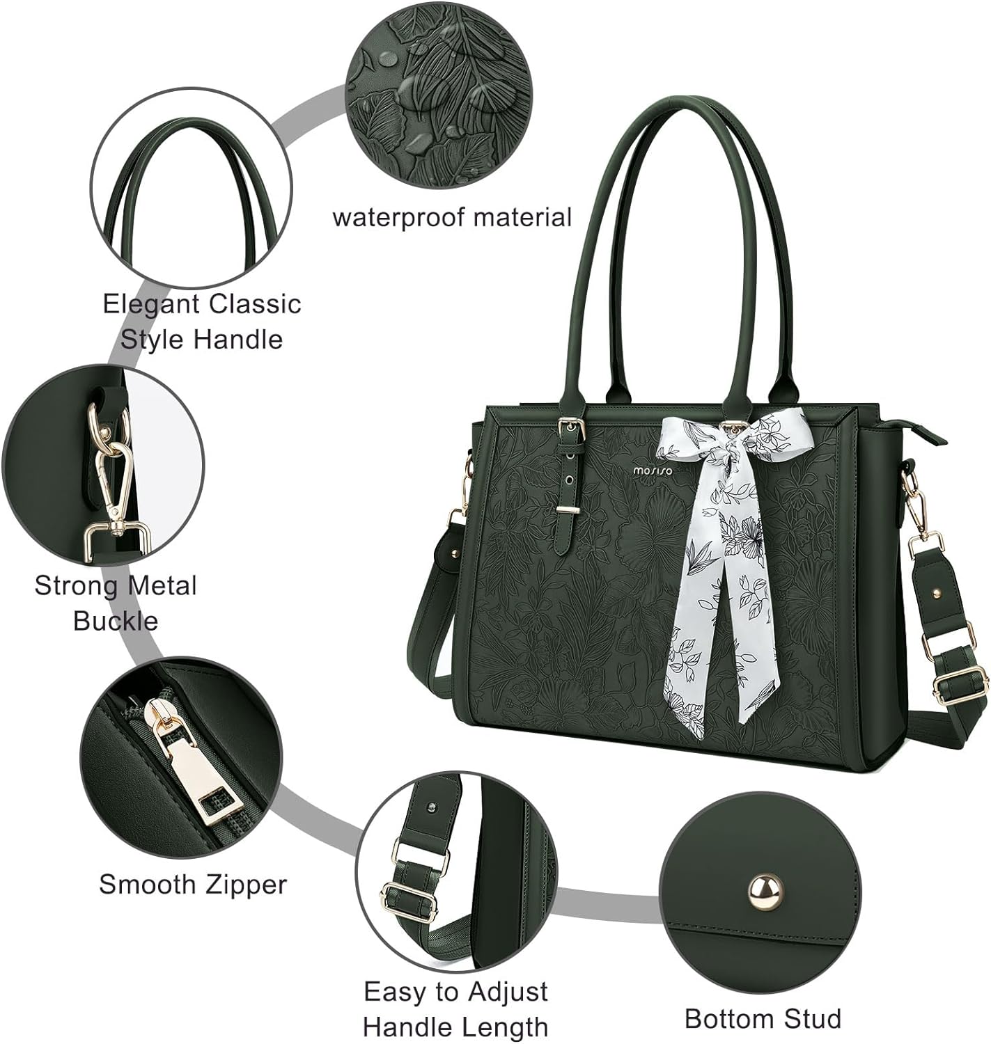 MOSISO Laptop Bag for Women, 15.6-16 inch PU Leathe Tote Bag Compatible with MacBook, HP, Dell, Asus Notebook, Front Embossed Retro Hibiscus Computer Bag with Silk Scarf&Clutch Purse, Emerald Green iMosiso