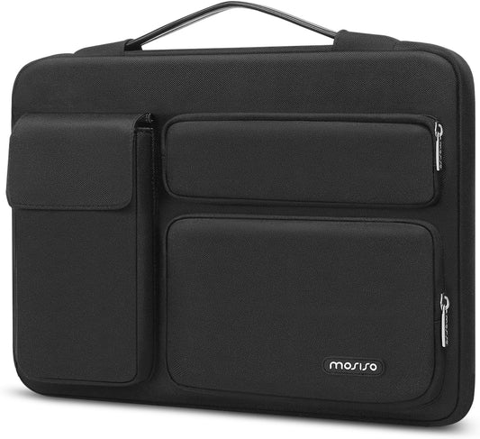 MOSISO 360 Protective Laptop Sleeve Compatible with MacBook Air/Pro, 13-13.3 inch Notebook, Compatible with MacBook Pro 14 inch M2 M1, Side Open Bag with 2 Raised&1 Flapover Pockets&Belt, Black iMosiso