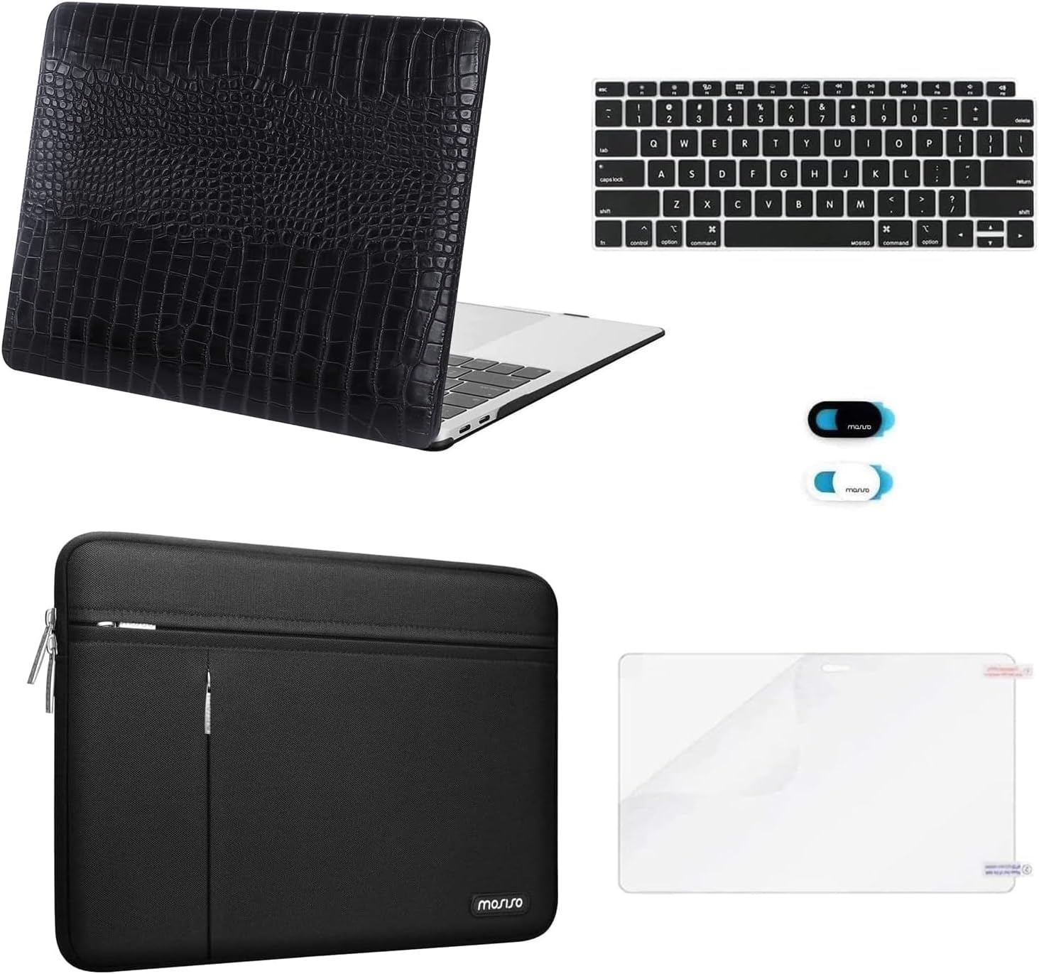 MOSISO Compatible with MacBook Air 13 inch Case 2022-2018 Release A2337 M1 A2179 A1932 Touch ID, Crocodile Grain PU Leather Hard Shell&Sleeve Bag&Keyboard Skin&Webcam Cover&Screen Protector, Black iMosiso