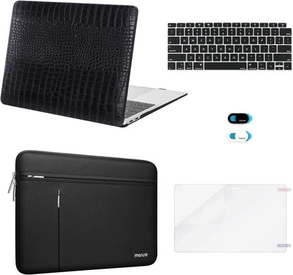 MOSISO Compatible with MacBook Air 13 inch Case 2022-2018 Release A2337 M1 A2179 A1932 Touch ID, Crocodile Grain PU Leather Hard Shell&Sleeve Bag&Keyboard Skin&Webcam Cover&Screen Protector, Black iMosiso