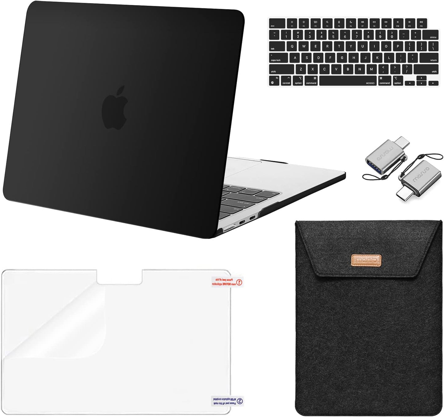 MOSISO Compatible with MacBook Air 13.6 inch Case 2022 2023 Release A2681 M2 Chip Touch ID, Plastic Hard Shell Case&Flap Felt Sleeve Bag&Keyboard Cover&Screen Protector&Type C Adapter 2 Pack, Black iMosiso