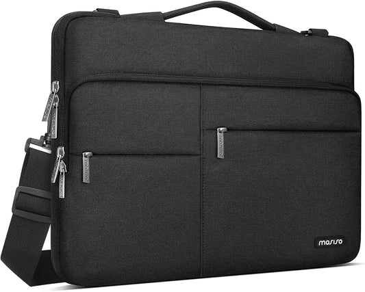 MOSISO 360 Protective Laptop Shoulder Bag Compatible with MacBook Air 15 M2 A2941 2023/Pro 16 A2780 A2485 A2141, 15-15.6 inch Notebook with Belt & 1 Raised and 2 Horizontal Parallel Pockets, Black iMosiso