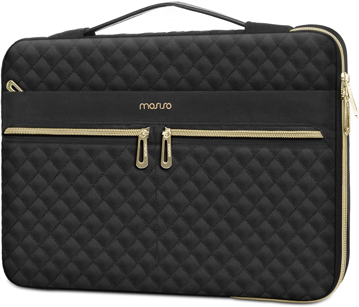 MOSISO 360 Protective 13-14 inch Laptop Sleeve Compatible with MacBook Air/Pro, 13-13.3 inch Notebook, Compatible with MacBook Pro 14, Square Quilted Side Open Bag with 3 Pockets&Handle&Belt, Black iMosiso