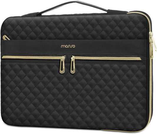 MOSISO 360 Protective 13-14 inch Laptop Sleeve Compatible with MacBook Air/Pro, 13-13.3 inch Notebook, Compatible with MacBook Pro 14, Square Quilted Side Open Bag with 3 Pockets&Handle&Belt, Black iMosiso