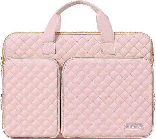 MOSISO 360 Protective Laptop Sleeve Compatible with MacBook Air/Pro, 13-13.3 inch Notebook,Compatible with MacBook Pro 14 inch 2023-2021 M2 M1, Square Quilted Bag with 2 Pockets&Handle&Belt,Chalk Pink iMosiso