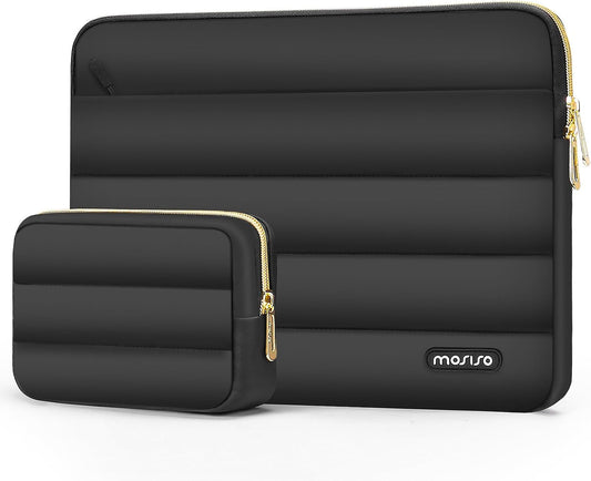 MOSISO Puffy Laptop Sleeve Compatible with MacBook Air/Pro, 13-13.3 inch Notebook, Compatible with MacBook Pro 14 inch 2023-2021 A2779 M2 A2442 M1, Polyester Horizontal Bag Cover with Small Case,Black iMosiso