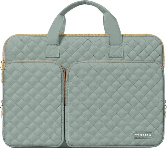 MOSISO 360 Protective Laptop Sleeve Compatible with MacBook Air 15 inch M3 M2 2024 2023/Pro 16 M3 M2 M1 2023-2019, 15-15.6 inch Notebook, Square Quilted Bag with 2 Pockets&Handle&Belt, Antique Green iMosiso