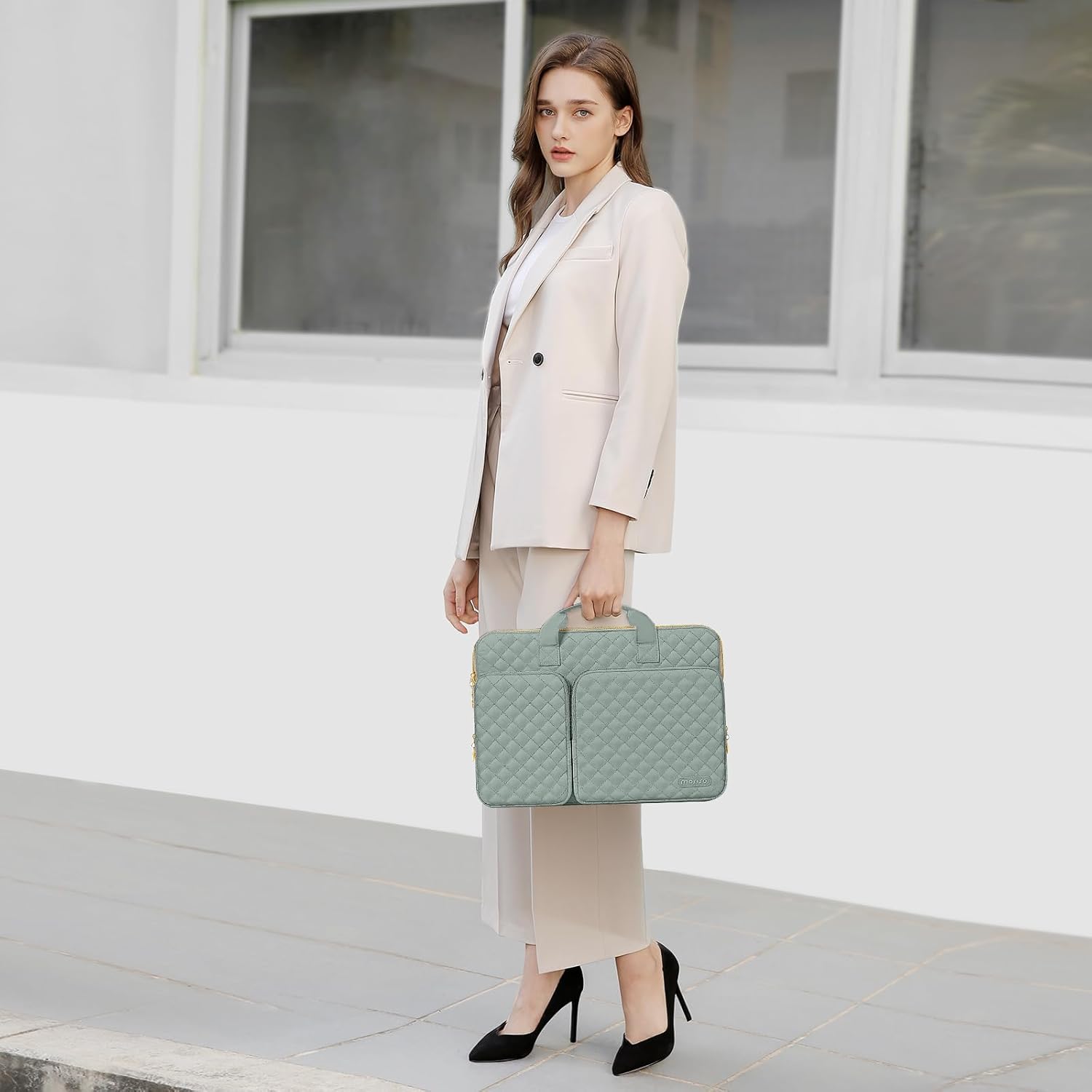 MOSISO 360 Protective Laptop Sleeve Compatible with MacBook Air 13 inch M3 M2 M1 2024-2018/Pro 13 M2 M1 2024-2016,Surface Pro 8/7/6/X/5/4/3, Square Quilted Bag with 2 Pockets&Handle&Belt,Antique Green iMosiso