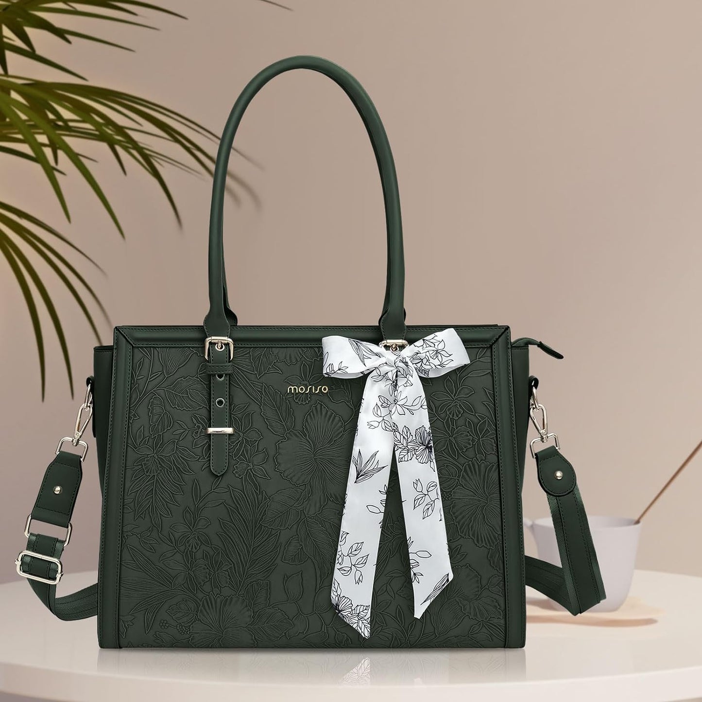 MOSISO Laptop Bag for Women, 15.6-16 inch PU Leathe Tote Bag Compatible with MacBook, HP, Dell, Asus Notebook, Front Embossed Retro Hibiscus Computer Bag with Silk Scarf&Clutch Purse, Emerald Green iMosiso