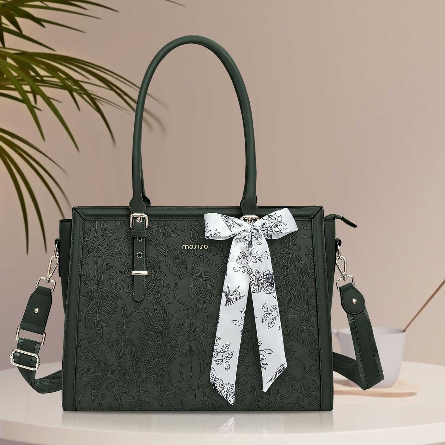 MOSISO Laptop Bag for Women, 15.6-16 inch PU Leathe Tote Bag Compatible with MacBook, HP, Dell, Asus Notebook, Front Embossed Retro Hibiscus Computer Bag with Silk Scarf&Clutch Purse, Emerald Green iMosiso