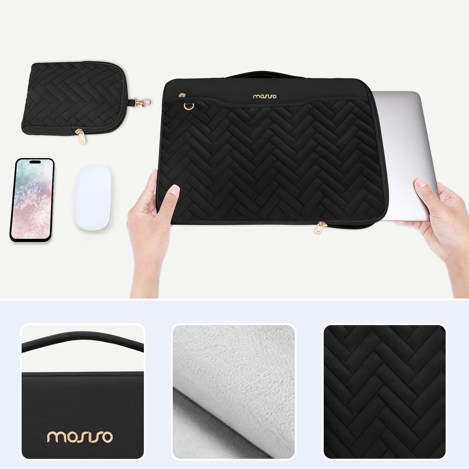 MOSISO 13-14 inch 360 Protective Laptop Sleeve Compatible with MacBook Air/Pro, 13-13.3 inch Notebook, Compatible with MacBook Pro 14, Rectangle Quilted Bag with Handle&Pocket&Small Case&Belt, Black iMosiso