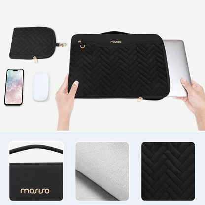 MOSISO 13-14 inch 360 Protective Laptop Sleeve Compatible with MacBook Air/Pro, 13-13.3 inch Notebook, Compatible with MacBook Pro 14, Rectangle Quilted Bag with Handle&Pocket&Small Case&Belt, Black iMosiso
