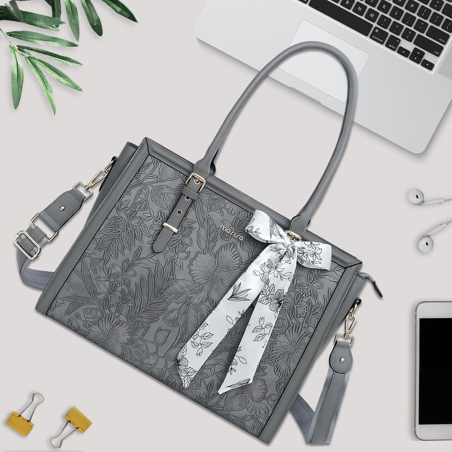 MOSISO Laptop Bag for Women, 15.6-16 inch PU Leathe Tote Bag Compatible with MacBook, HP, Dell, Asus Notebook, Front Embossed Retro Hibiscus Computer Bag with Silk Scarf&Clutch Purse, Gray iMosiso