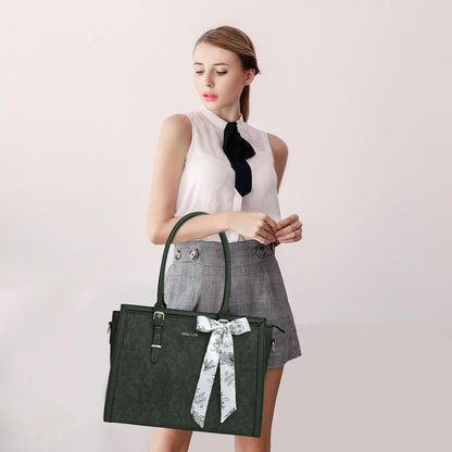 MOSISO Laptop Bag for Women, 15.6-16 inch PU Leathe Tote Bag Compatible with MacBook, HP, Dell, Asus Notebook, Front Embossed Retro Hibiscus Computer Bag with Silk Scarf&Clutch Purse, Emerald Green iMosiso