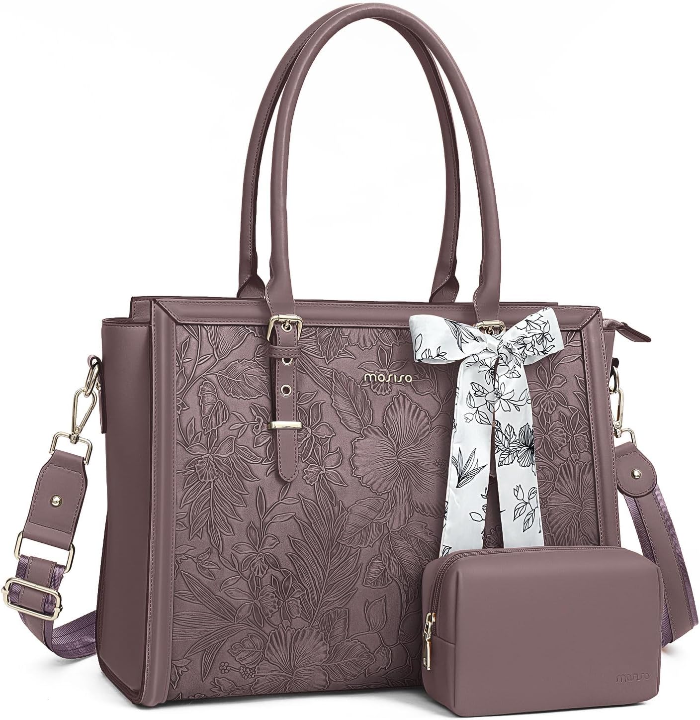 MOSISO Laptop Bag for Women, 15.6-16 inch PU Leathe Tote Bag Compatible with MacBook, HP, Dell, Asus Notebook, Front Embossed Retro Hibiscus Computer Bag with Silk Scarf&Clutch Purse, Slate Purple iMosiso