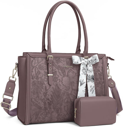MOSISO Laptop Bag for Women, 15.6-16 inch PU Leathe Tote Bag Compatible with MacBook, HP, Dell, Asus Notebook, Front Embossed Retro Hibiscus Computer Bag with Silk Scarf&Clutch Purse, Slate Purple iMosiso