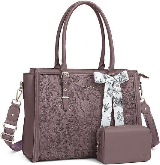 MOSISO Laptop Bag for Women, 15.6-16 inch PU Leathe Tote Bag Compatible with MacBook, HP, Dell, Asus Notebook, Front Embossed Retro Hibiscus Computer Bag with Silk Scarf&Clutch Purse, Slate Purple iMosiso