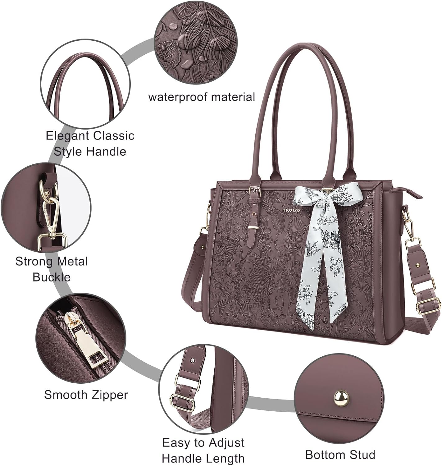 MOSISO Laptop Bag for Women, 15.6-16 inch PU Leathe Tote Bag Compatible with MacBook, HP, Dell, Asus Notebook, Front Embossed Retro Hibiscus Computer Bag with Silk Scarf&Clutch Purse, Slate Purple iMosiso